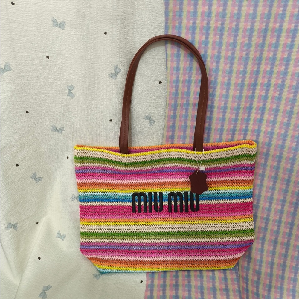 Miu Miu Striped Multicolor Crochet Tote with Brown Leather Handles